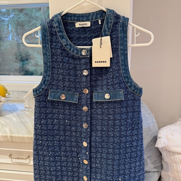 Sandro Navy Blue Tweed Mini Dress with Button Front - Picture 2 of 8